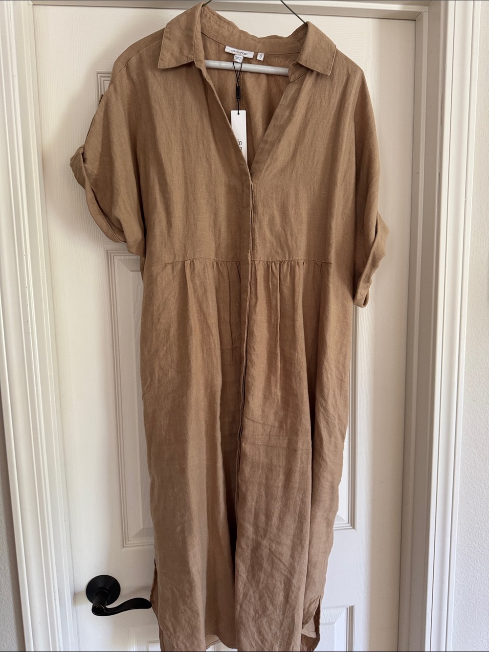 Chico's Relaxed Tan Linen Midi Shirt Dress
